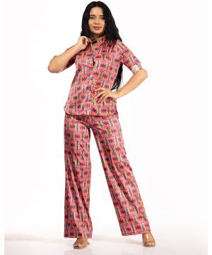 geo print button front satin long sleeve blouse & pants set 